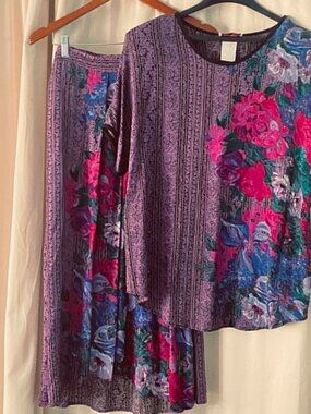 Pierre Lamonte 2 Piece Skirt Set Women's 12 Purple Floral Rayon Vintage USA